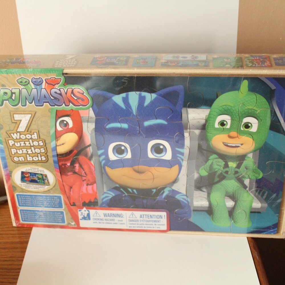 PJMasks 7-pack Wood Puzzles In Wood BoxTray New
